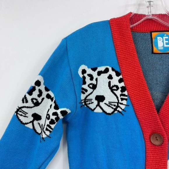 Bebebebe Kids L Tiger Sweater Cardigan Button Front Cotton Blue Orange - Picture 2 of 7